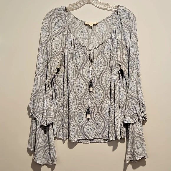 LOVESTITCH Blue white graphics tassel drawstring neckline Tiered Bell Sleeves Md - Picture 3 of 8